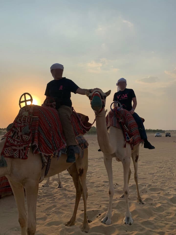 Founder and President are on camels in front of the sunset